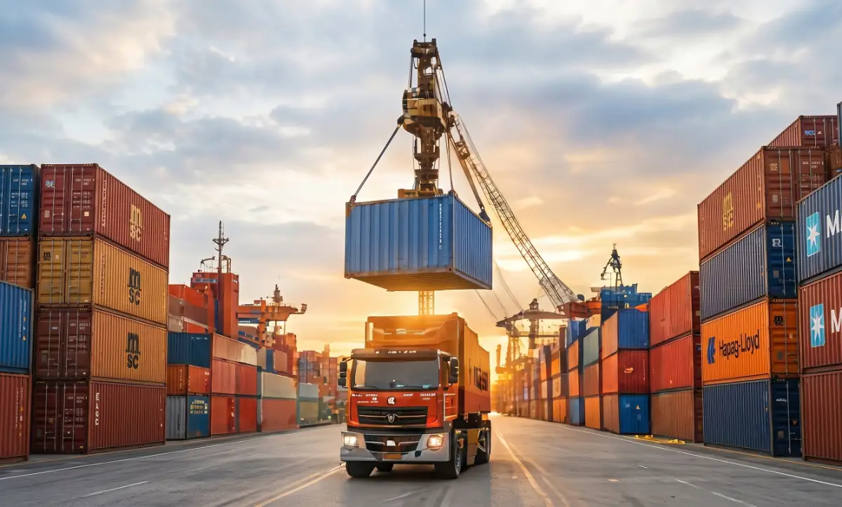 Port logistics with cargo containers and truck transport